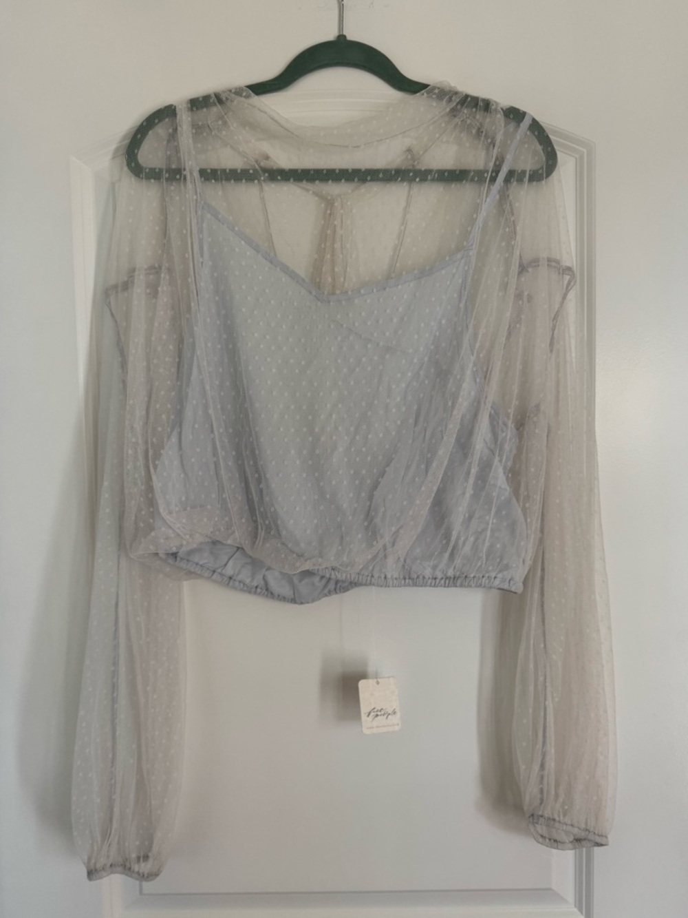 NWT Free People Light Gray Sheer Dot Mesh Cropped Top with Camisole